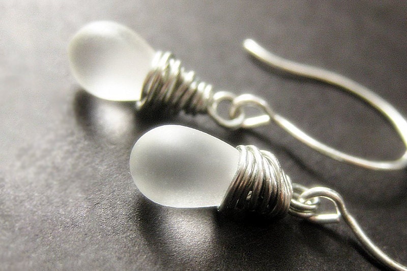 Wire Wrapped Frosted Iridescent White Teardrop Earrings in Silver. Handmade Jewelry.