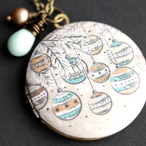 Christmas Ornaments Locket Necklace. Holiday Necklace with Aqua Blue Teardrop and Brown Fresh Water Pearl. Rustic Christmas Necklace.