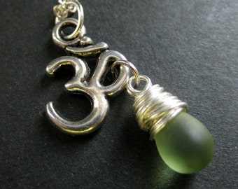 Frosted Green Necklace in Silver. Yoga Necklace. Teardrop Necklace. Om Necklace. Yoga Jewelry. Handmade Jewelry.