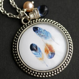 Blue Feathers Necklace. Feathers Pendant with Dark Blue Teardrop and Fresh Water Pearl Charm. Blue Necklace. Handmade Necklace.