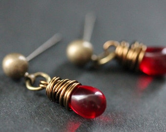 BRONZE Earrings - Blood Red Teardrop Earrings. Dangle Earrings. Post Earrings. Handmade Jewelry.