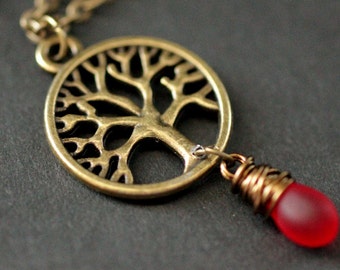 Tree Necklace. Tree of Life Necklace in Bronze Wire Wrapped Frosted Red Teardrop Necklace. Handmade Jewellery.