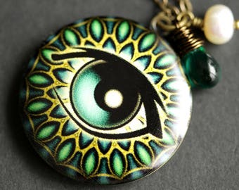 Teal Green Eye Locket Necklace. All Seeing Eye Necklace with Teal Teardrop and Fresh Water Pearl. Evil Eye Necklace. Handmade Jewelry.