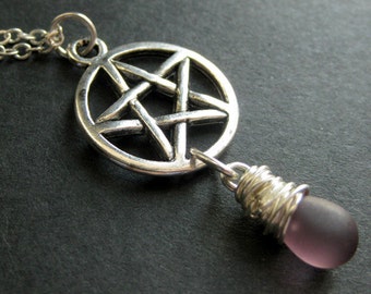 Pagan Necklace. Clouded Purple Teardrop Pendant Necklace. Silver Pentacle Necklace. Handmade Jewelry.