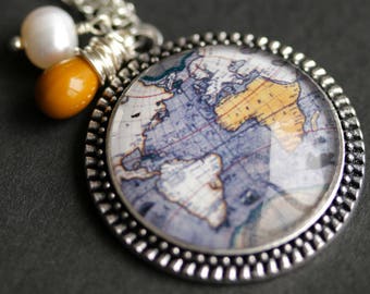 World Map Necklace. Planet Earth Map Pendant with Fresh Water Pearl Charm and Mustard Yellow Teardrop. Blue Necklace. Handmade Necklace.