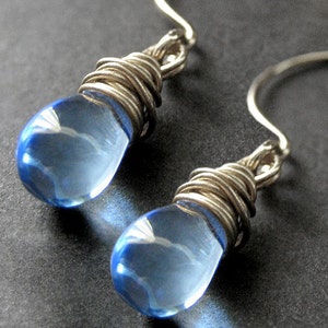 STERLING SILVER Wire Wrapped Earrings - Baby Blue Clear Teardrop Earrings. Handmade Jewelry.