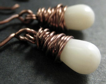 COPPER Earrings - White Coral Earrings. White Earrings, Wire Wrapped Teardrop Earrings. Handmade Jewelry.