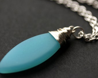 Ocean Seaglass Necklace. Aqua Necklace. Aqua Blue Frosted Glass Necklace. Marquis Necklace in Silver. Handmade Jewelry.