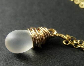 Clouded Iridescent Necklace. Teardrop Necklace Wire Wrapped in Gold. Bridesmaid Jewelry. Handmade Necklace.