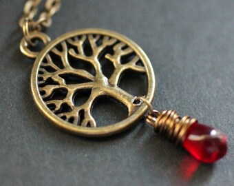 Tree Necklace. Bronze Tree of Life Necklace. Wire Wrapped Red Teardrop Necklace. Handmade Jewelry.