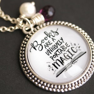 Books Quote Necklace. Book Lover Necklace with Glass Teardrop and Fresh Water Pearl. Book Necklace. Magic Necklace. Handmade Jewelry