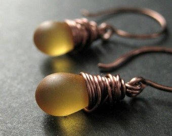 COPPER Earrings - Clouded Honey Drop Earrings, Wire Wrapped Teardrop Earrings. Handmade Jewelry.