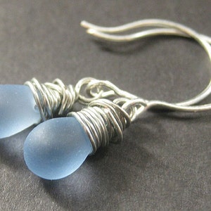 STERLING SILVER Earrings - Wire Wrapped Earrings. Sky Blue Frosted Drop Earrings. Handmade Jewelry.