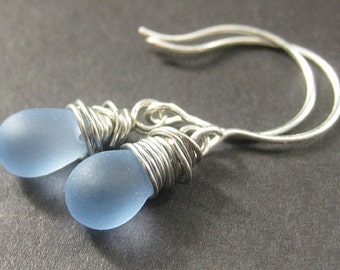 STERLING SILVER Earrings - Wire Wrapped Earrings. Sky Blue Frosted Drop Earrings. Handmade Jewelry.