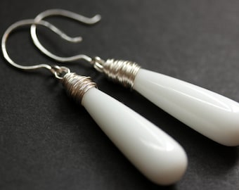 White Earrings. Long Earrings. White Dangle Earrings. Long Teardrop Earrings. White Glass Earrings. Wire Wrapped Earrings. Handmade Jewelry