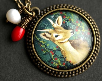 Christmas Deer Necklace. Young Buck Necklace. Deer Pendant with Red Coral Teardrop and Fresh Water Pearl. Holiday Necklace. Bronze Necklace.