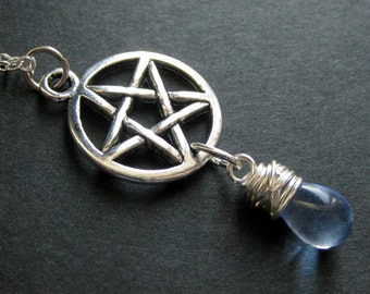 Silver Pentacle Necklace. Pagan Necklace. Teardrop Pendant Necklace. Blue Necklace. Handmade Jewelry.