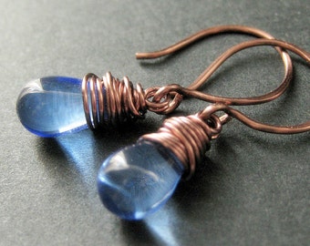 COPPER Earrings - Sky Blue Earrings. Glass Drop Earrings. Wire Wrapped Handmade Earrings. Handmade Jewelry.