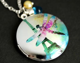 Dragonfly Locket Necklace. Eiffel Tower Necklace with Turquoise Blue Teardrop and Yellow Pearl Charm. Silver Locket. Photo Locket.