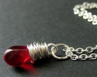Red Teardrop Necklace in Silver. Bridesmaid Necklace. Wire Wrapped Teardrop Pendant. Handmade Jewelry.