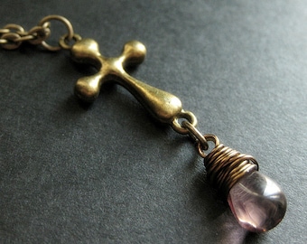 Christian Jewelry. Teardrop Necklace. Purple Necklace. Bronze Cross Necklace. Handmade Jewelry.