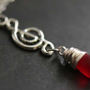 Musical Note Necklace. Treble Clef Necklace. Frosted Red Teardrop Necklace. Music Necklace in Silver. Handmade Jewelry.