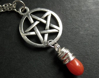 Wiccan Necklace. Orange Coral Necklace. Teardrop Necklace. Silver Pentagram Necklace. Handmade Jewelry.