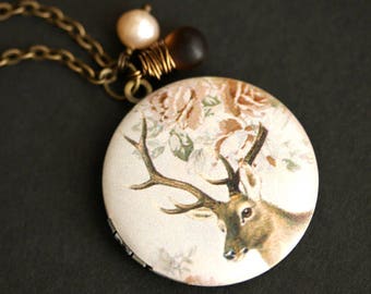 Woodland Necklace. Deer Locket Necklace with Brown Teardrop and Rose Pearl Charm Necklace. Deer Necklace. Photo Locket. Bronze Necklace.