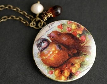 Brown Bird Locket Necklace. Bird Necklace with Dark Honey Teardrop and Fresh Water Pearl. Photo Locket. Bronze Locket. H