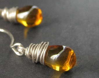 STERLING SILVER Wire Wrapped Earrings - Clear Honey Drop Earrings. Dangle Earrings. Handmade Jewelry.