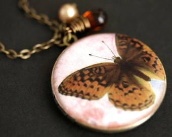 Brown Butterfly Locket Necklace. Honey Butterfly Necklace with Dark Honey Teardrop and Pearl Charm. Photo Locket. Bronze Necklac