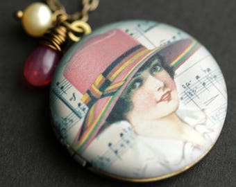 Pink Hat Locket Necklace. Vintage Lady Necklace with Bright Pink Teardrop and Fresh Water Pearl. Yellow and Pink Necklace. Bronze Locket.