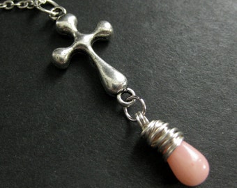 Christian Jewelry. Pink Coral Necklace. Silver Cross Necklace. Teardrop Necklace. Handmade Jewelry.