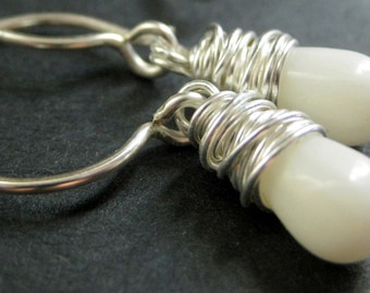 White Coral Earrings. Teardrop Earrings Wire Wrapped in Silver. Handmade Jewelry.