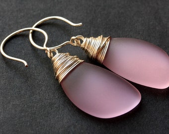 Pink Seaglass Earrings. Pink Earrings. Sea Glass Earrings. Wire Wrapped Wing Earrings. Handmade Jewelry.