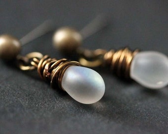 BRONZE Earrings - Frosted White Iridescent Teardrop Earrings. Dangle Earrings. Stud Earrings. Handmade Jewelry.