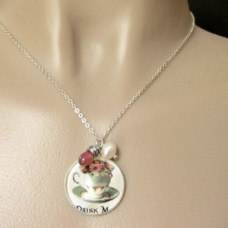 Tea Cup Necklace. Drink Me Necklace. Charm Necklace With Pink Etsy