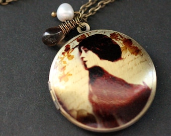 Renaissance Woman Necklace. Woman Locket Necklace. Bronze Necklace with Glass Teardrop and Pearl. Bronze Locket. Handmade Jewelry.