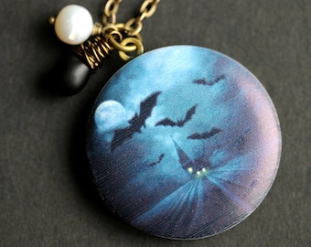 Halloween Night Locket Necklace. Haunted House Necklace with Black Teardrop and Fresh Water Pearl. Blue Necklace. Handmade Jewelry.