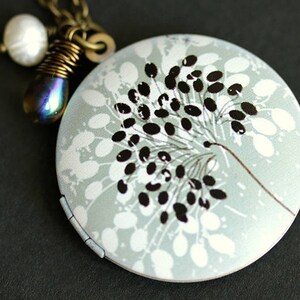 Gray Flora Locket Necklace. Distressed Flora Necklace with Glass Teardrop and Fresh Water Pearl. Gray Necklace. Bronze Locket.
