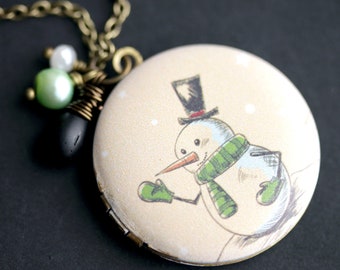 Rustic Snowman Locket Necklace. Christmas Snowman Necklace with Black Teardrop, Green Fresh Water Pearl, and White Crystal. Bronze Locket.