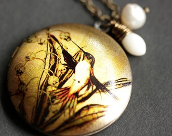 Hummingbird Necklace. Bird Locket Necklace. Bronze Locket. Bird Necklace with White Coral Teardrop and Pearl Charm. Handmade Necklace.