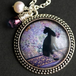 Black Cat Necklace. Purple Necklace. Cat Pendant with Purple Teardrop and Fresh Water Pearl. Cat Silhouette Handmade Necklace.
