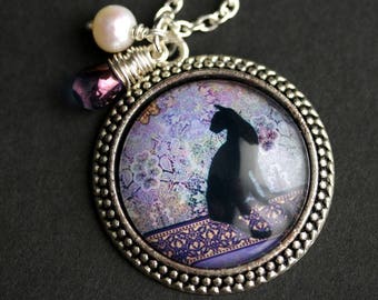 Black Cat Necklace. Purple Necklace. Cat Pendant with Purple Teardrop and Fresh Water Pearl. Cat Silhouette Handmade Necklace.