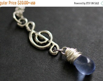SUMMER SALE Treble Clef Necklace. Blue Teardrop Necklace. Musical Note Necklace. Music Necklace in Silver. Handmade Jewellery.