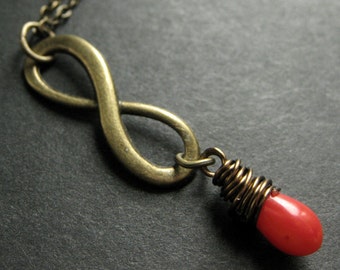 Infinity Necklace. Orange Coral Necklace. Teardrop Necklace Wire Wrapped in Bronze. Handmade Jewelry.