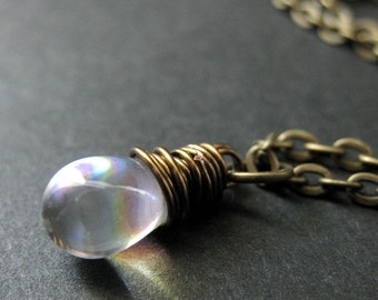 Teardrop Necklace. Iridescent Clear Teardrop Necklace in Bronze. Bridesmaid Necklace. Handmade Jewelry.