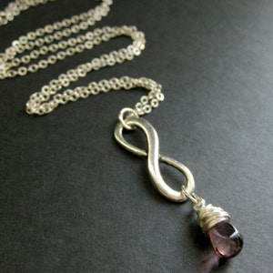 Purple Necklace. Wire Wrapped Teardrop Necklace. Silver Infinity Pendant Necklace. Handmade Jewelry. image 2