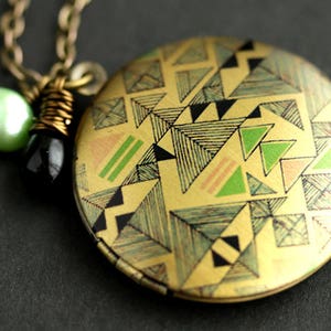 Trangle Geometry Locket Necklace. Geometric Necklace with Black Teardrop and Light Green Fresh Water Pearl. Photo Locket. Bronze Locket.