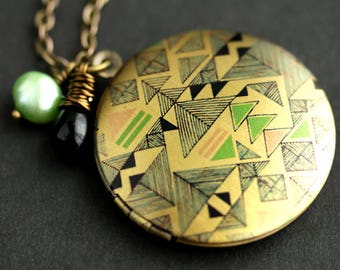 Trangle Geometry Locket Necklace. Geometric Necklace with Black Teardrop and Light Green Fresh Water Pearl. Photo Locket. Bronze Locket.